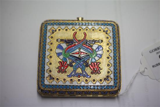 A late 19th century Russian 84 zolotnik silver gilt and cloisonne polychrome enamel cigarette case, 83mm.